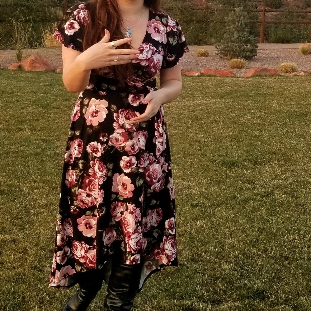 black dress pink flowers high low